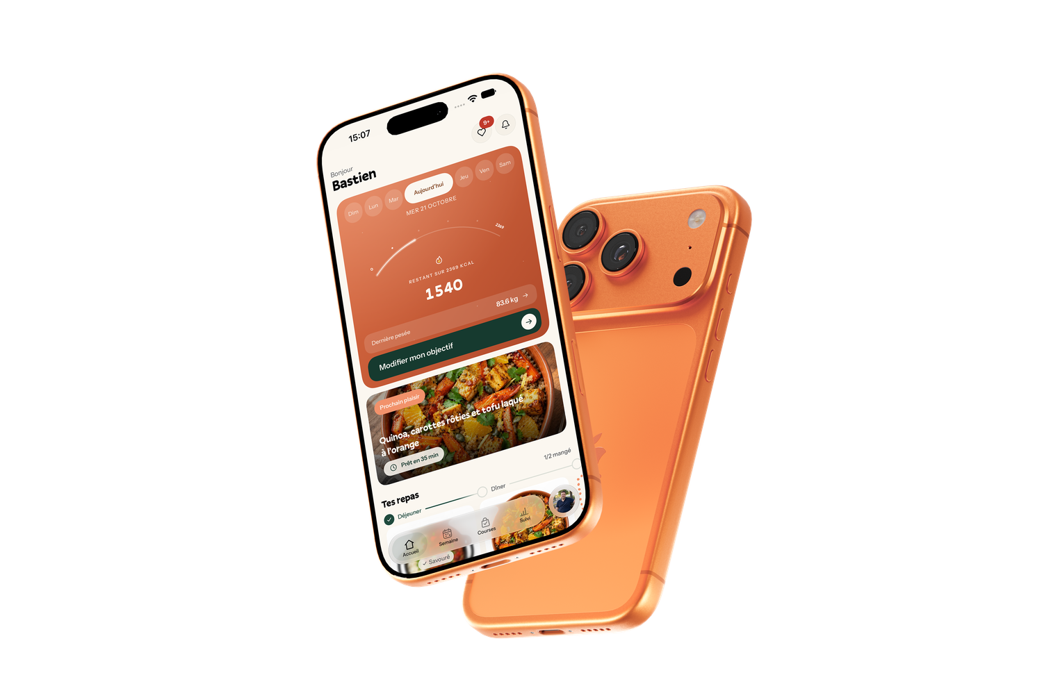 Aperçu de l’app Noweit sur deux iPhone orange
